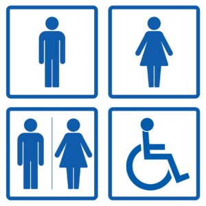 Set of restroom icons in blue color with clear pictograms for men, women, unisex, and disabled access. Modern and simple vector design suitable for public facilities, hospitals, offices, schools, airports, and shopping centers.